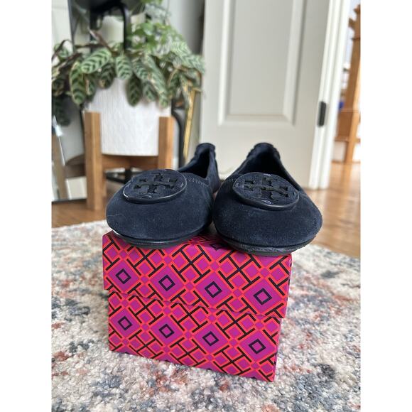 Tory Burch Suede Navy Logo Flats Size 8 - Picture 5 of 6